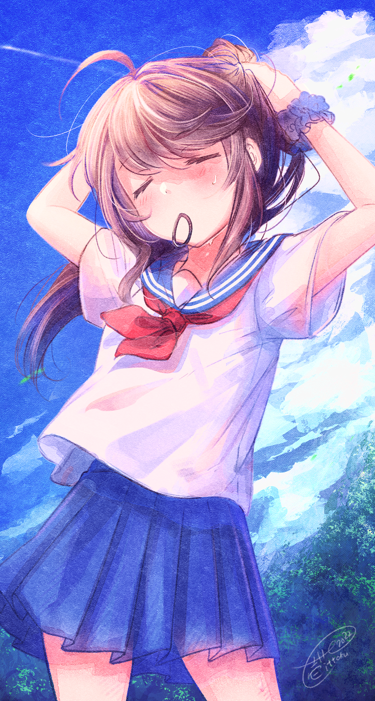 1girl arms_behind_head arms_up bangs blue_sailor_collar blue_skirt blue_sky blush brown_hair closed_eyes closed_mouth clouds commentary_request day hair_tie hair_tie_in_mouth highres ittokyu mouth_hold neckerchief original outdoors pleated_skirt ponytail red_neckerchief sailor_collar school_uniform serafuku shirt short_sleeves signature skirt sky tying_hair white_shirt