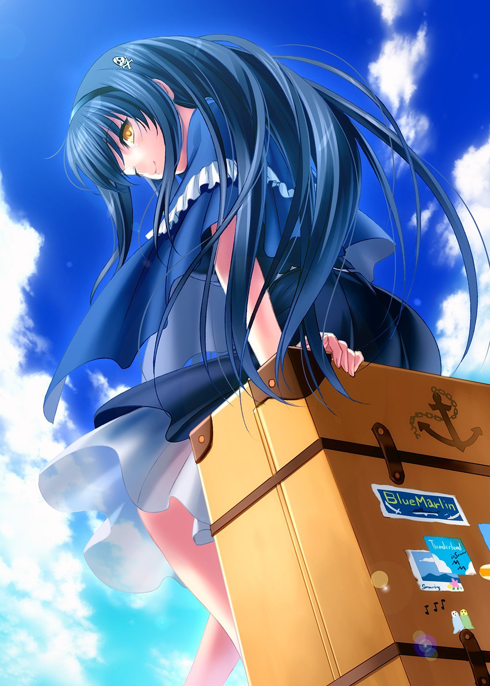1girl arm_support black_dress black_hair black_hairband blue_capelet blue_sky capelet clouds day dress from_below hair_ornament hairband highres kushima_kamome long_hair looking_at_viewer looking_back luggage one_eye_closed sitting skull_and_crossbones skull_hair_ornament sky smile solo suitcase summer_pockets yellow_eyes zen_(kamuro)