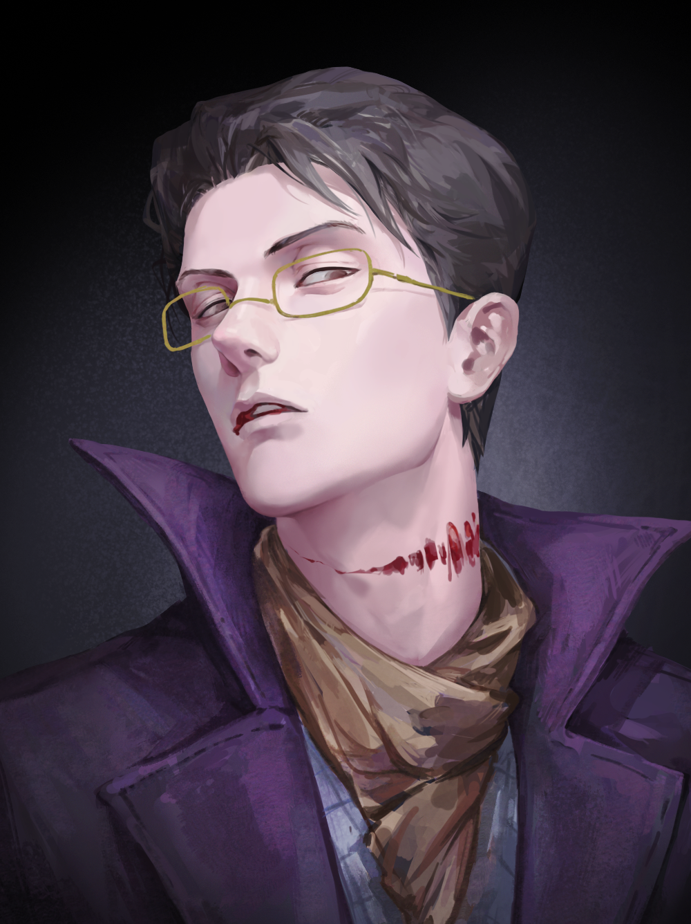 1boy black_hair blood blood_from_mouth brown_eyes chinese_commentary commentary_request dark empty_eyes fantasypenguin glasses highres injury jacket klein_moretti lips looking_at_viewer lord_of_the_mysteries parted_lips purple_jacket scarf simple_background solo teeth torn_skin