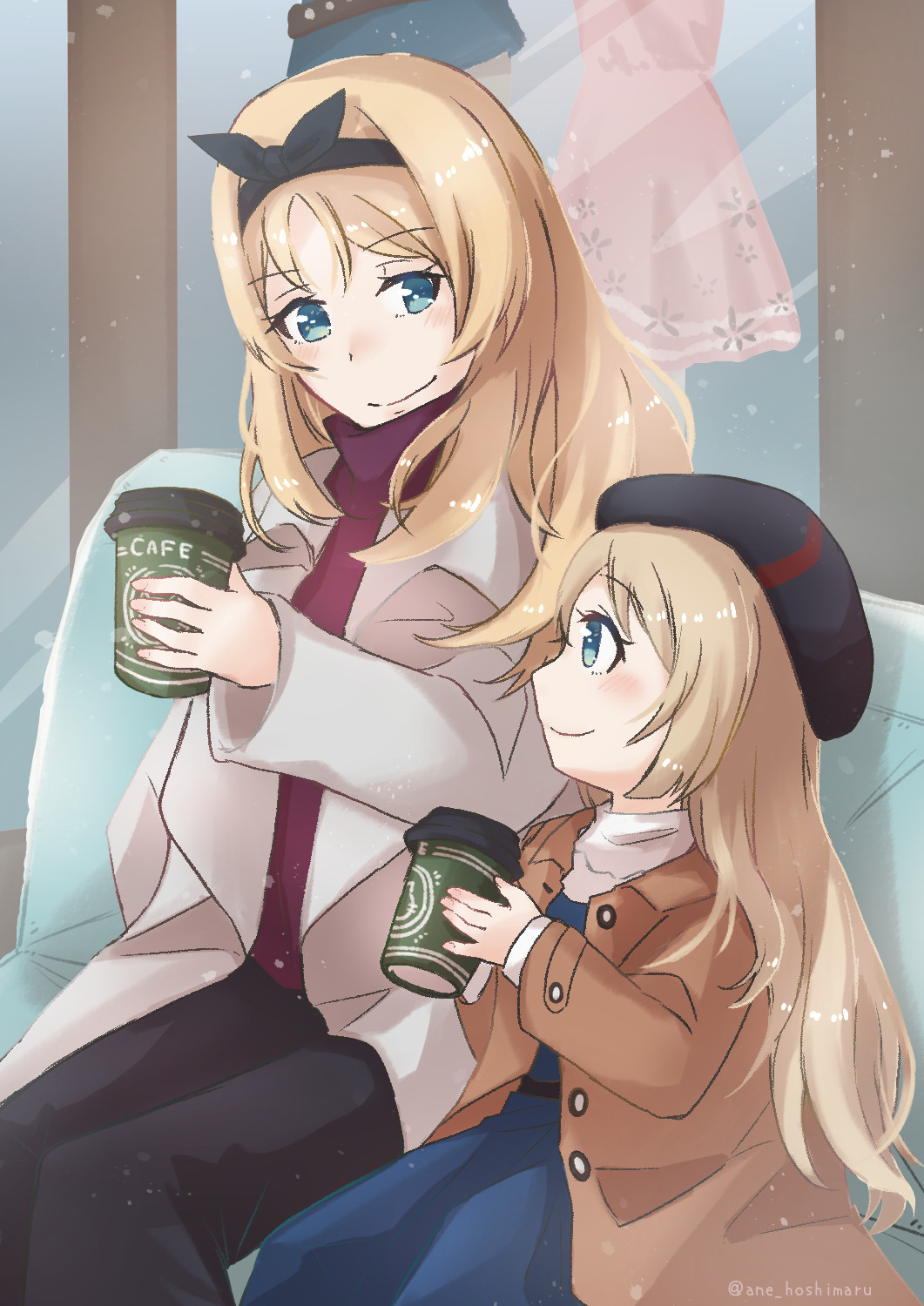 2girls ane_hoshimaru black_pants blonde_hair blue_dress blue_eyes breasts brown_coat coat couch cup dress hat highres holding holding_cup indoors jervis_(kancolle) kantai_collection large_breasts long_hair multiple_girls nelson_(kancolle) official_alternate_costume pants red_sweater scarf shop smile sweater turtleneck turtleneck_sweater white_coat white_scarf