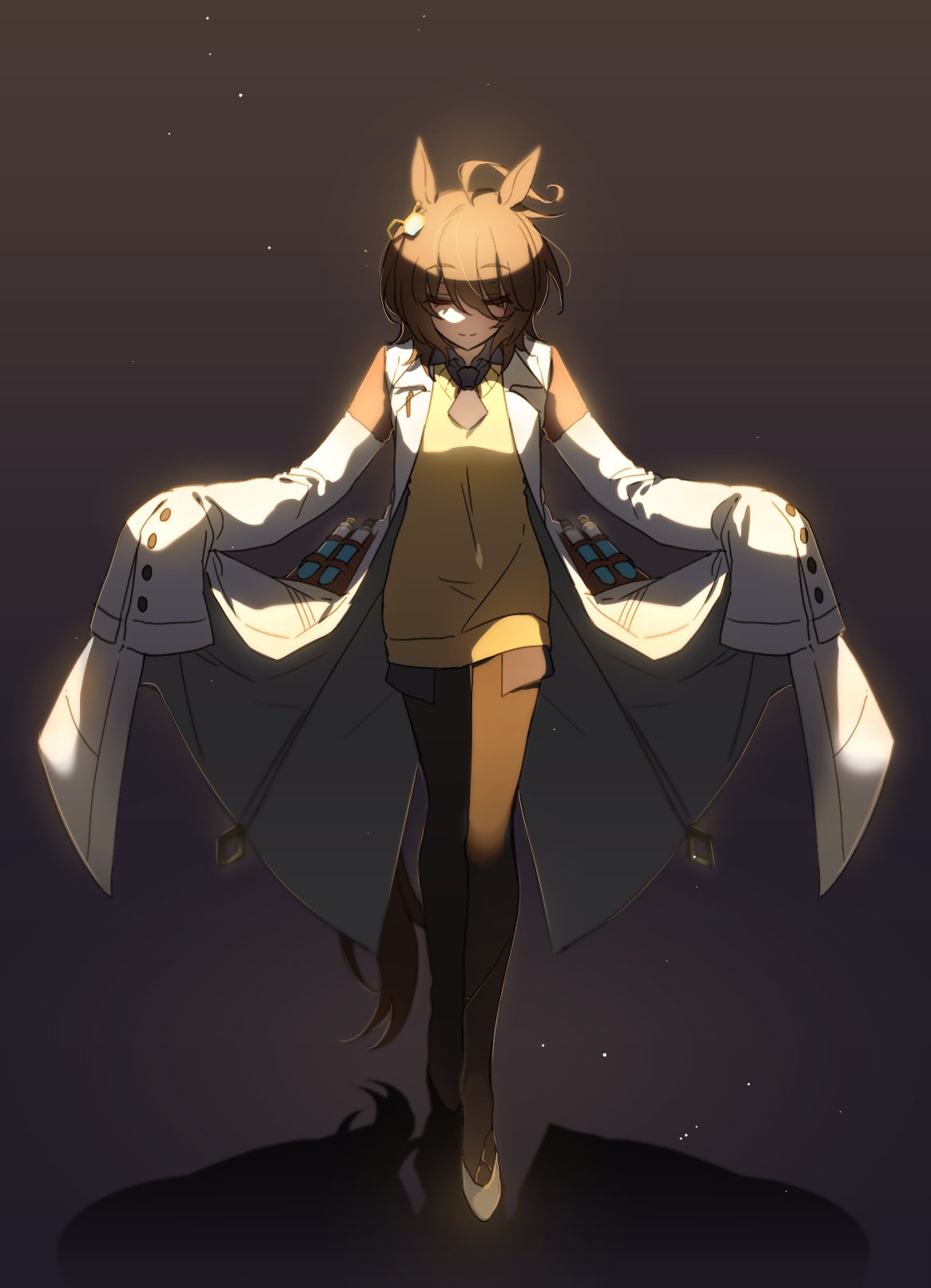 1girl agnes_tachyon_(umamusume) ahoge animal_ears bangs brown_hair brown_pantyhose closed_eyes closed_mouth coat facing_viewer full_body high_heels highres horse_ears horse_girl horse_tail korean_commentary labcoat medium_hair necktie nyongmappyoi open_clothes open_coat outstretched_arms pantyhose shadow short_necktie sleeves_past_fingers sleeves_past_wrists smile solo spotlight standing sweater sweater_vest tail test_tube umamusume yellow_sweater