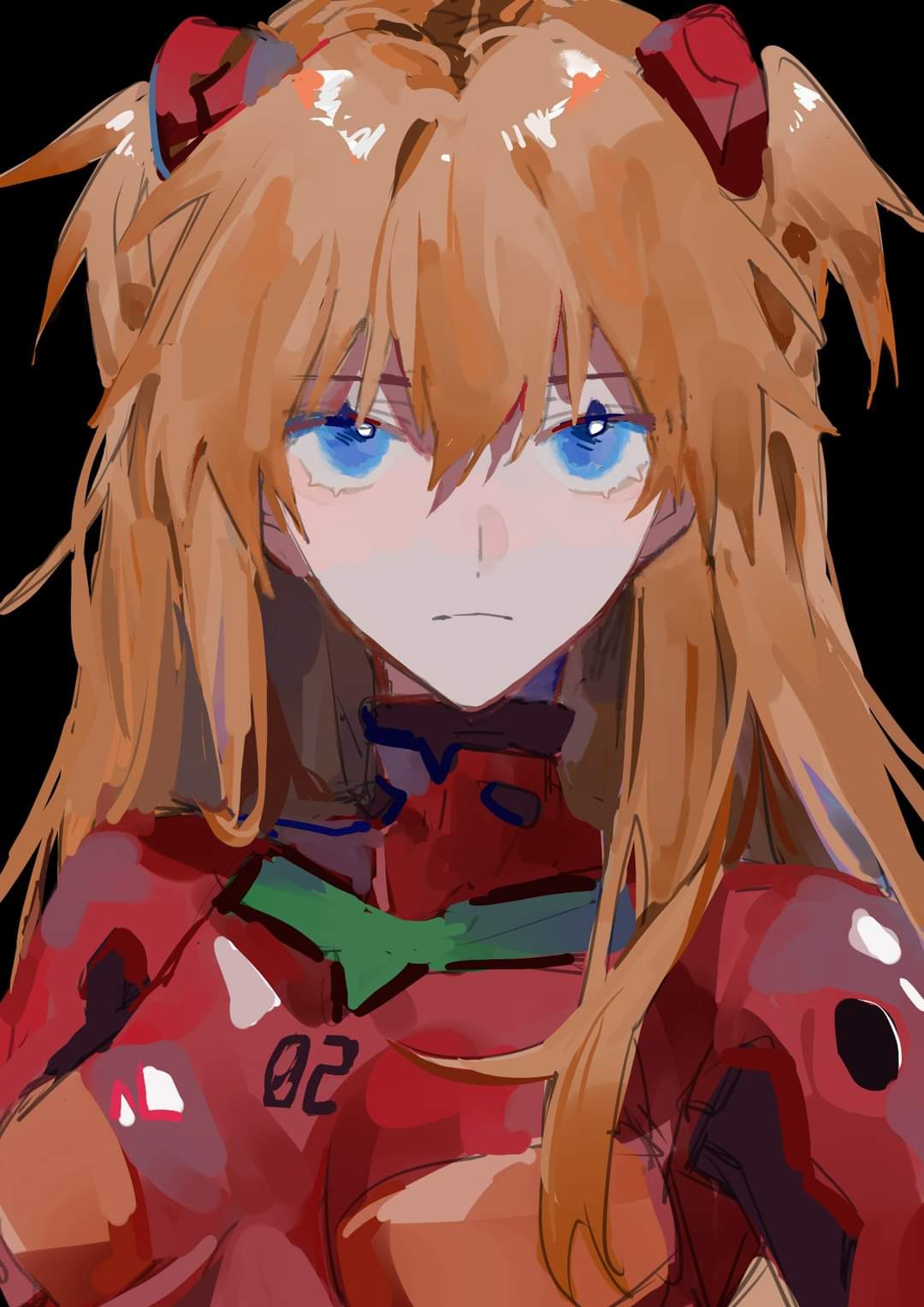 1girl bangs black_background blue_eyes bodysuit breasts closed_mouth eyes_visible_through_hair hair_between_eyes hair_ornament highres long_sleeves looking_to_the_side mogutofuoes neon_genesis_evangelion numbered red_bodysuit short_twintails simple_background small_breasts solo souryuu_asuka_langley twintails upper_body