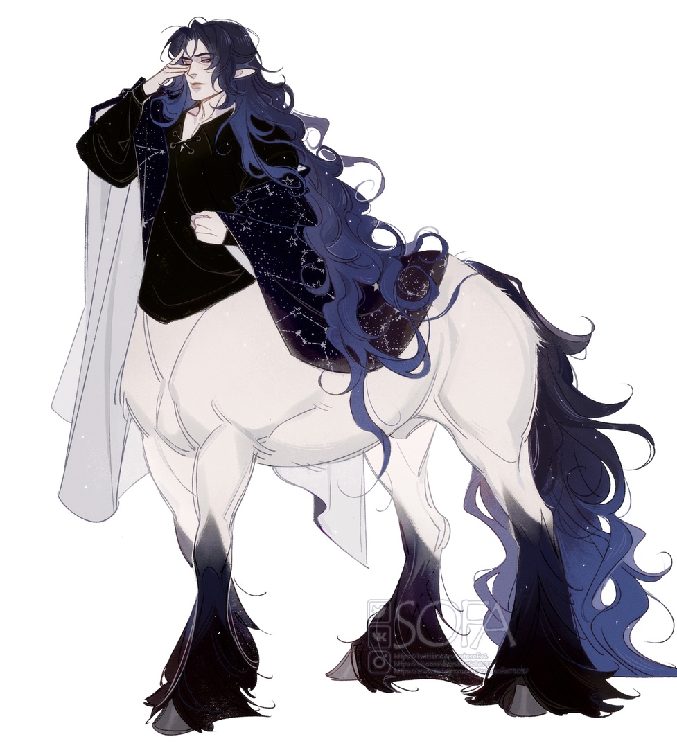 1boy arm_up bishounen black_fur black_shirt blue_hair centaur closed_mouth collared_shirt cross-laced_slit cutesofa2 full_body hand_up hooves horse_tail long_hair long_sleeves looking_at_viewer male_focus monster_boy one_eye_closed original pointy_ears puffy_long_sleeves puffy_sleeves shirt simple_background solo standing tail taur very_long_hair violet_eyes wavy_hair white_background white_fur