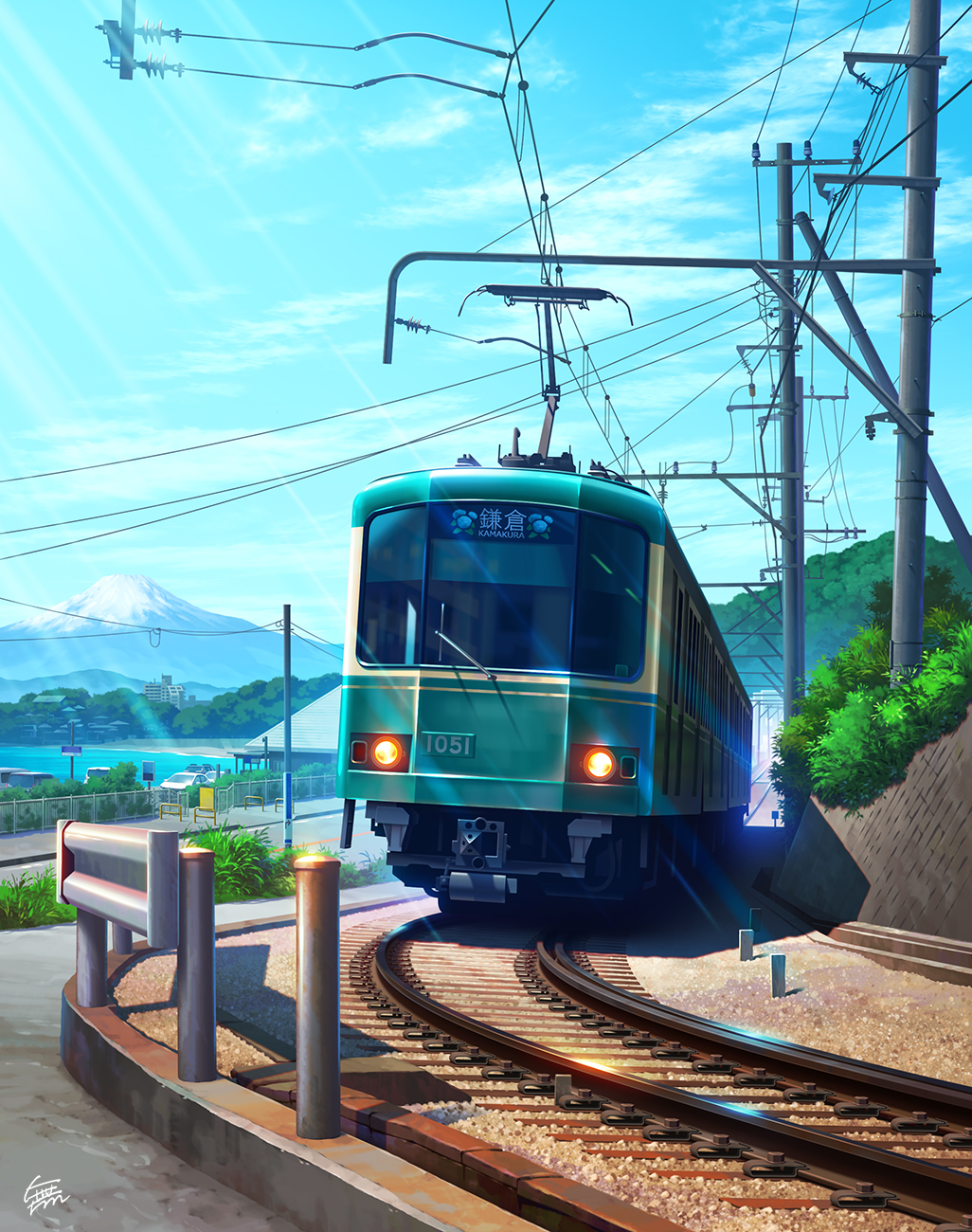 blue_sky bollard car clouds commentary_request enoshima_electric_railway grass ground_vehicle guard_rail highres motor_vehicle mountain mugumo_24k no_humans original outdoors power_lines railroad_tracks revision scenery sky train utility_pole watermark