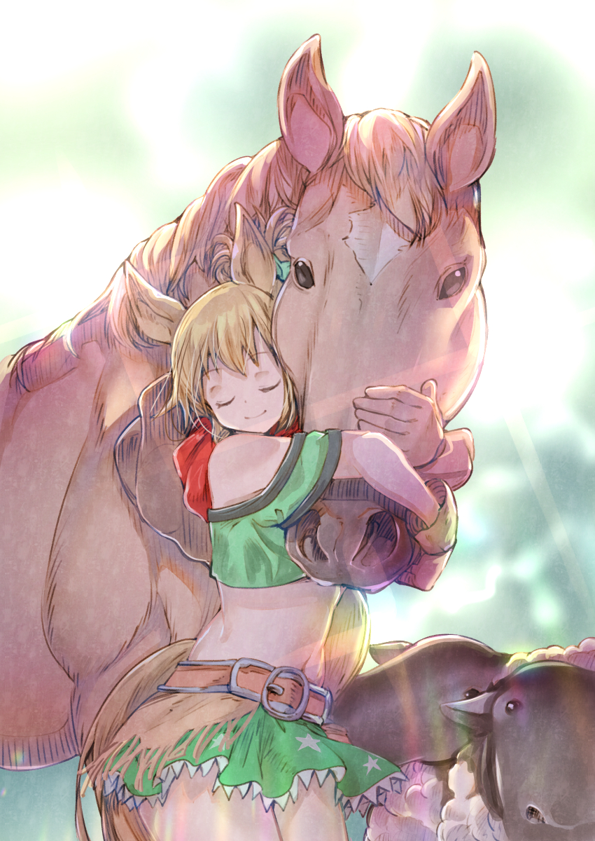 1girl animal_ears bandana blonde_hair closed_eyes cowboy_shot creature_and_personification diffraction_spikes gloves green_skirt hair_ornament highres horse horse_ears horse_girl horse_tail hug leather leather_belt leather_gloves light_rays midriff miniskirt red_bandana sheep skirt star_(symbol) star_hair_ornament star_print taiki_shuttle_(racehorse) taiki_shuttle_(umamusume) tail umamusume usapenpen2019