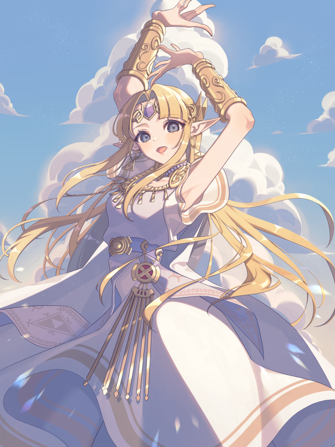 1girl armor armpits blonde_hair blue_eyes braces breasts circlet clouds cloudy_sky dress earrings gem jewelry long_hair looking_at_viewer miri_(cherryjelly) open_mouth pointy_ears princess_zelda sky small_breasts smile solo super_smash_bros. the_legend_of_zelda the_legend_of_zelda:_a_link_between_worlds very_long_hair