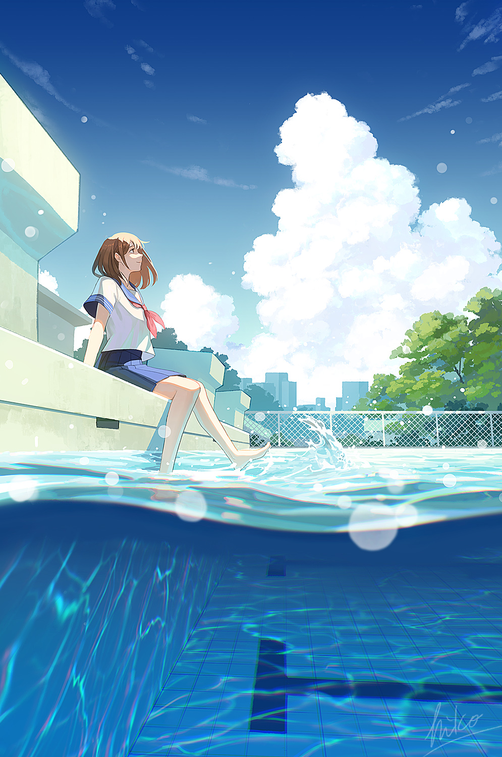 1girl artist_name barefoot blue_sailor_collar blue_sky brown_hair building chain-link_fence commentary day fence highres hiko_(scape) neckerchief original outdoors partially_underwater_shot pool red_neckerchief sailor_collar school_uniform serafuku short_hair short_sleeves signature sitting sky soaking_feet solo symbol-only_commentary tree water watermark