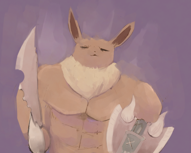 1boy :3 abs animal_nose body_fur boke-chan brown_fur closed_eyes closed_mouth commentary_request diablos_(armor) eevee facing_viewer fur_collar furry furry_male holding holding_shield holding_sword holding_weapon male_focus monster_hunter:_world monster_hunter_(series) muscular muscular_male pectorals personification pokemon pokemon_(creature) purple_background shield simple_background sketch solo standing straight-on sword two-tone_fur upper_body weapon wrinkled_frown_(detective_pikachu) yellow_fur