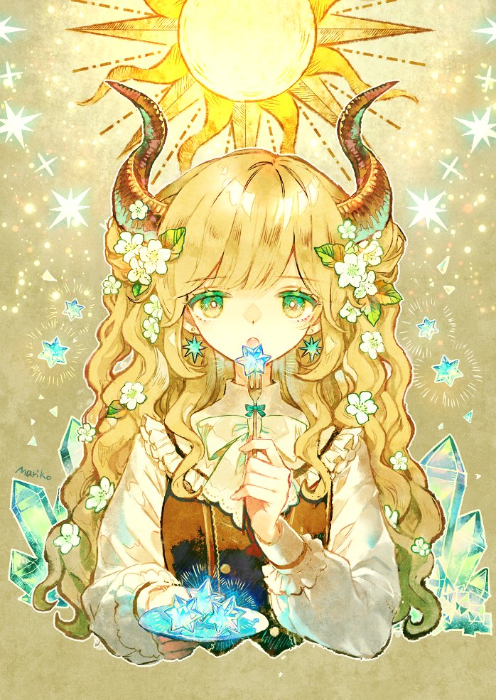1girl :o bangs blonde_hair bow bowtie bright_pupils brown_vest cropped_torso crystal earrings flower fork frilled_shirt frills glowing gradient_eyes green_eyes hair_flower hair_ornament holding holding_fork holding_plate horns jewelry leaf long_hair long_sleeves looking_at_viewer mariko_(leda) multicolored_eyes original plate shirt sleeve_cuffs solo star_(symbol) star_earrings stellated_octahedron straight-on sun_symbol swept_bangs upper_body vest wavy_hair white_bow white_bowtie white_flower white_pupils white_shirt yellow_background yellow_eyes