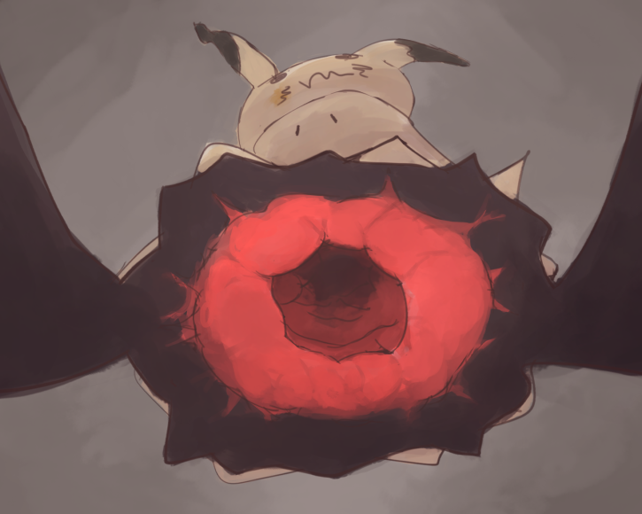 against_glass boke-chan from_below grey_background mimikyu no_humans open_mouth pokemon pokemon_(creature) simple_background sketch solo what