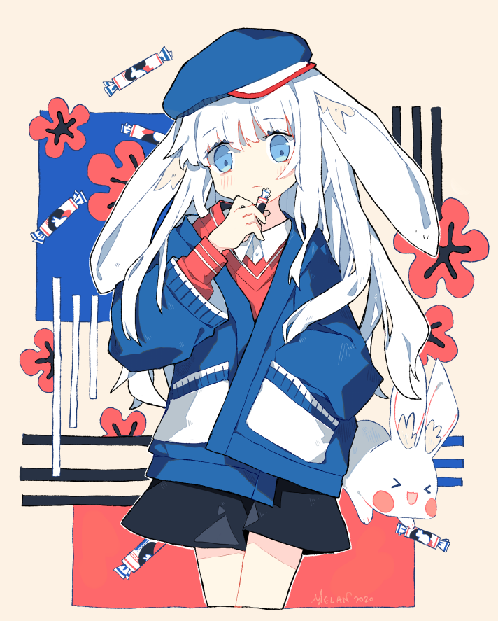 &gt;_&lt; 1girl :d animal_ears black_skirt blue_eyes blue_headwear blue_jacket blush candy commentary cropped_legs english_commentary floppy_ears flower food hand_in_pocket hat holding holding_candy holding_food jacket long_hair long_sleeves melanbread pocket rabbit rabbit_ears rabbit_girl red_shirt shirt signature skirt smile white_hair white_rabbit_candy xd