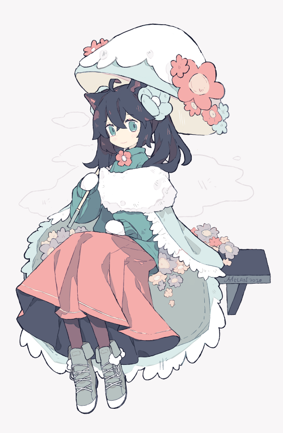 1girl ahoge animal_ears aqua_eyes aqua_sweater bangs bench black_hair boots cat_ears clothing_request crossed_bangs flower full_body grey_background grey_footwear hair_between_eyes hair_flower hair_ornament holding holding_umbrella light_blush long_hair long_skirt long_sleeves looking_at_viewer melan_(melanbread) melanbread mittens neck_flower original pantyhose pink_skirt pom_pom_(clothes) signature sitting skirt sleeves_past_wrists smile solo sweater themed_object twintails umbrella umbrella_flower white_mittens winter_clothes