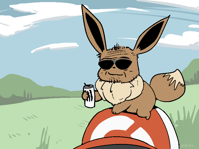 30-year-old_boomer_(meme) artist_name baseball_cap blue_sky boke-chan can closed_mouth clouds commentary day eevee elaine_(pokemon) english_commentary facial_hair full_body fur_collar glasses grass grey-framed_eyewear hand_up happy hat holding jaggy_lines meme monster_energy mountainous_horizon on_head outdoors pince-nez poke_ball_symbol poke_ball_theme pokemon pokemon_(creature) pokemon_on_head red_headwear semi-rimless_eyewear sitting sky smile soda_can stubble sunglasses twitter_username watermark