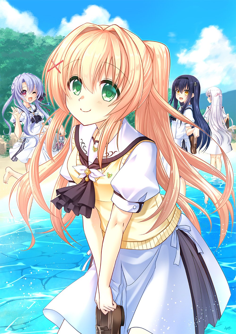 4girls barefoot beach black_hair black_hairband black_neckerchief blonde_hair blue_sky braid clouds crown_braid day hair_ornament hairband highres holding holding_shoes kushima_kamome long_hair looking_at_viewer multiple_girls naruse_shiroha neckerchief one_eye_closed open_mouth outdoors ponytail purple_hair red_eyes remotaro sailor_collar sailor_shirt school_uniform serafuku shirt shoes short_sleeves skirt skull_and_crossbones skull_hair_ornament sky smile sorakado_ao summer_pockets sweater sweater_vest tsumugi_wenders wading water white_hair white_sailor_collar white_skirt x_hair_ornament yellow_eyes yellow_sweater