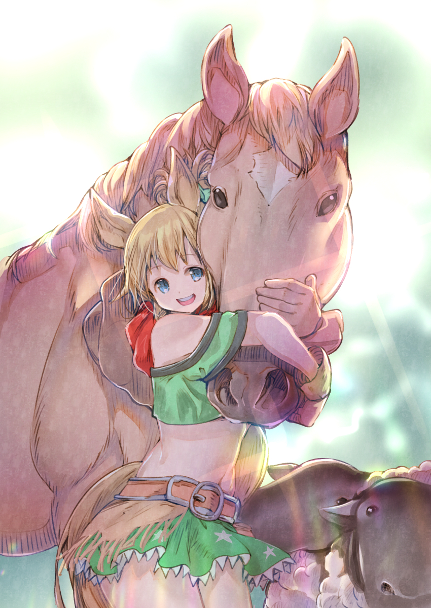 1girl animal_ears bandana bangs blonde_hair blue_eyes commentary_request cowboy_shot creature_and_personification diffraction_spikes gloves green_skirt hair_ornament highres horse horse_ears horse_girl horse_tail hug leather leather_belt leather_gloves light_rays midriff miniskirt red_bandana sheep skirt star_(symbol) star_hair_ornament star_print taiki_shuttle_(racehorse) taiki_shuttle_(umamusume) tail umamusume usapenpen2019