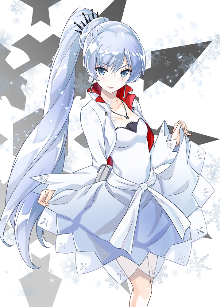1girl blue_eyes breasts closed_mouth collarbone cropped_jacket dress earrings hair_ornament jacket jewelry long_hair looking_at_viewer mutsumi_masato no_nose pendant ponytail pouch rwby sash scar scar_across_eye skirt_hold small_breasts snowflake_background snowflakes solo tiara two-sided_fabric two-sided_jacket very_long_hair weiss_schnee white_dress white_jacket
