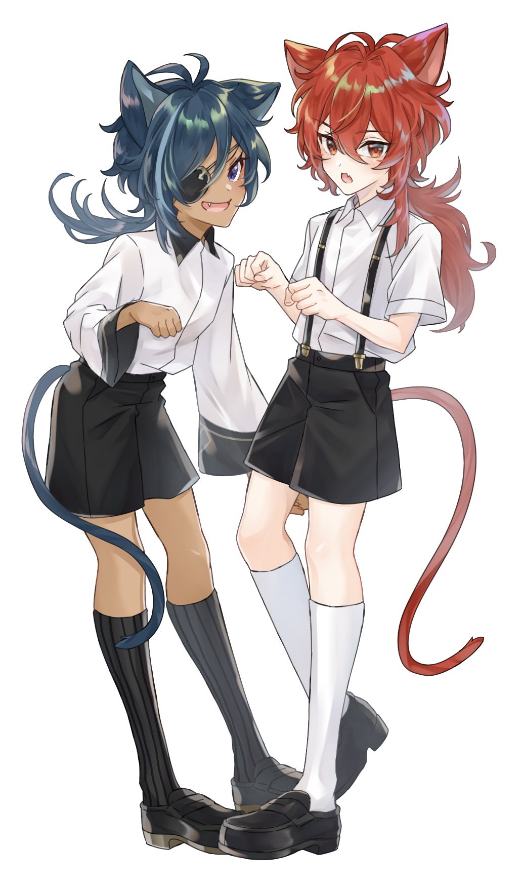 2boys :d :o animal_ears bangs black_footwear black_shorts black_socks blue_eyes blue_hair cat_boy cat_ears cat_tail child collared_shirt commentary_request dark-skinned_male dark_skin diluc_(genshin_impact) eyepatch fang full_body genshin_impact hair_between_eyes hand_up hands_up highres kaeya_(genshin_impact) kneehighs long_hair long_sleeves looking_at_viewer low_ponytail male_child male_focus mizuamememe multicolored_hair multiple_boys one_eye_covered open_mouth paw_pose ponytail red_eyes redhead shirt shirt_tucked_in shoes short_shorts short_sleeves shorts sidelocks smile socks standing streaked_hair suspender_shorts suspenders swept_bangs tail white_background white_shirt white_socks wide_sleeves wing_collar younger