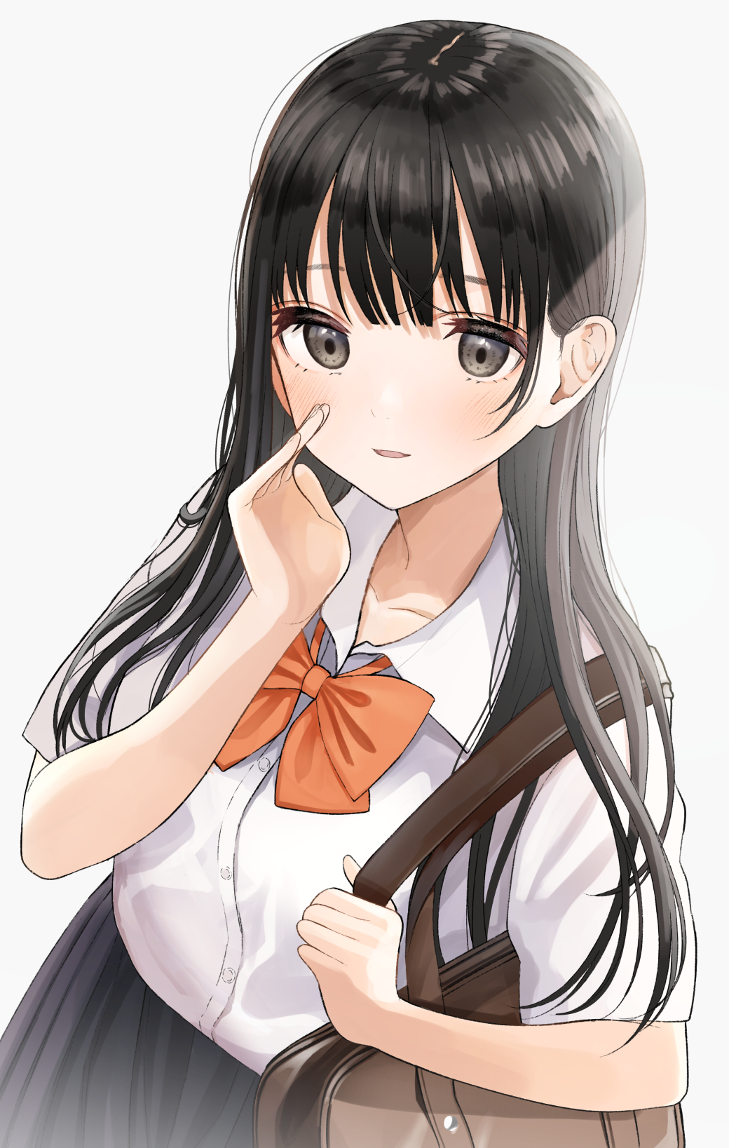1girl bag bangs black_hair black_skirt bow collarbone collared_shirt commentary_request dress_shirt grey_background grey_eyes hand_to_own_mouth hand_up highres kentaurosu long_hair looking_at_viewer orange_bow original parted_lips pleated_skirt school_bag school_uniform shirt simple_background skirt smile solo white_shirt