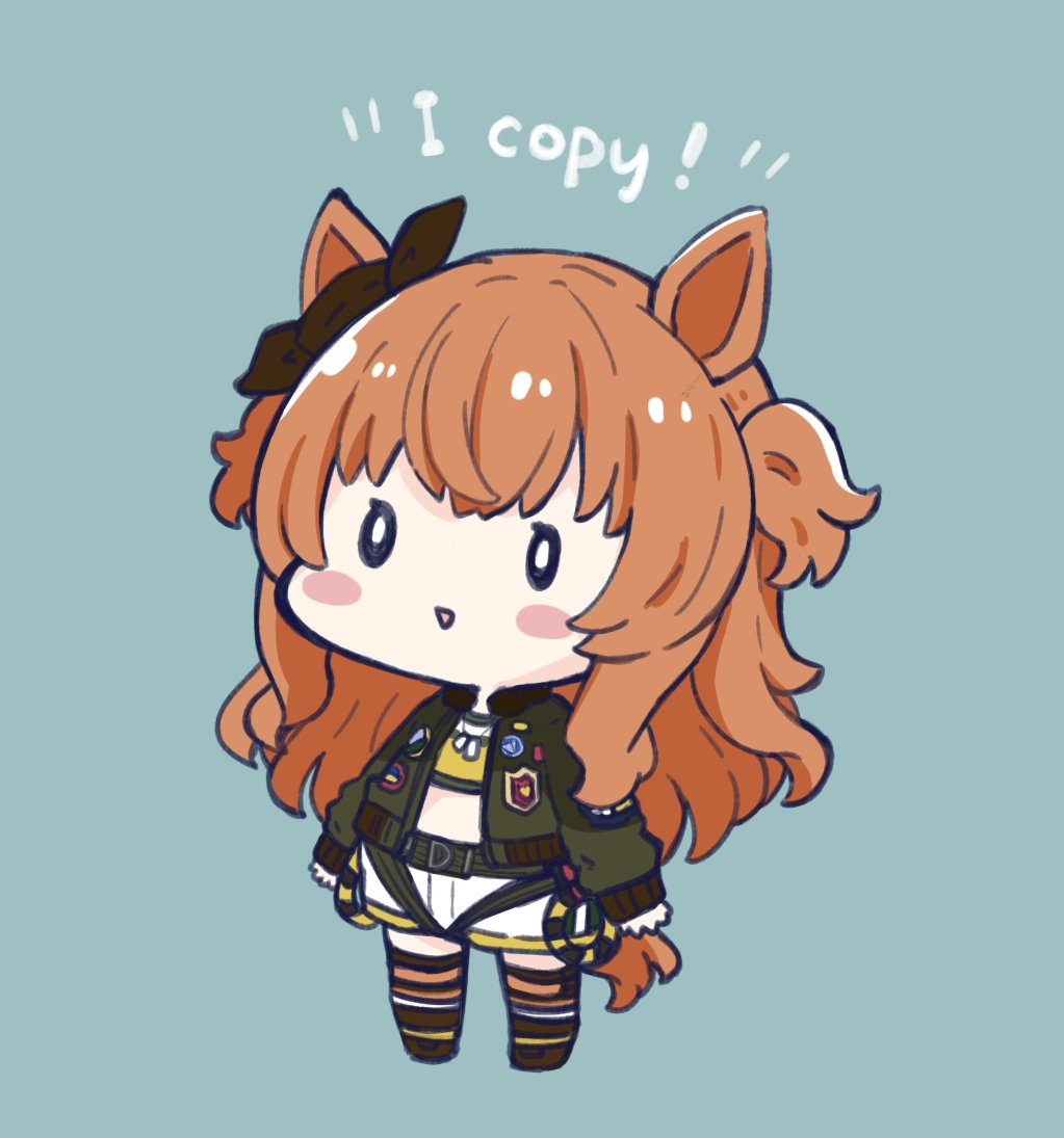 0_0 1girl :&gt; animal_ears bangs black_footwear black_ribbon black_thighhighs blue_background blush_stickers brown_hair chibi commentary_request crop_top dog_tags ear_ribbon english_text full_body green_jacket horse_ears horse_girl horse_tail jacket long_hair long_sleeves mayano_top_gun_(umamusume) midriff nozo_(hitomiz) open_clothes open_jacket parted_lips puffy_long_sleeves puffy_sleeves ribbon shirt shoes short_shorts shorts simple_background sleeves_past_wrists solo standing tail thigh-highs triangle_mouth twintails two_side_up umamusume very_long_hair white_shorts yellow_shirt