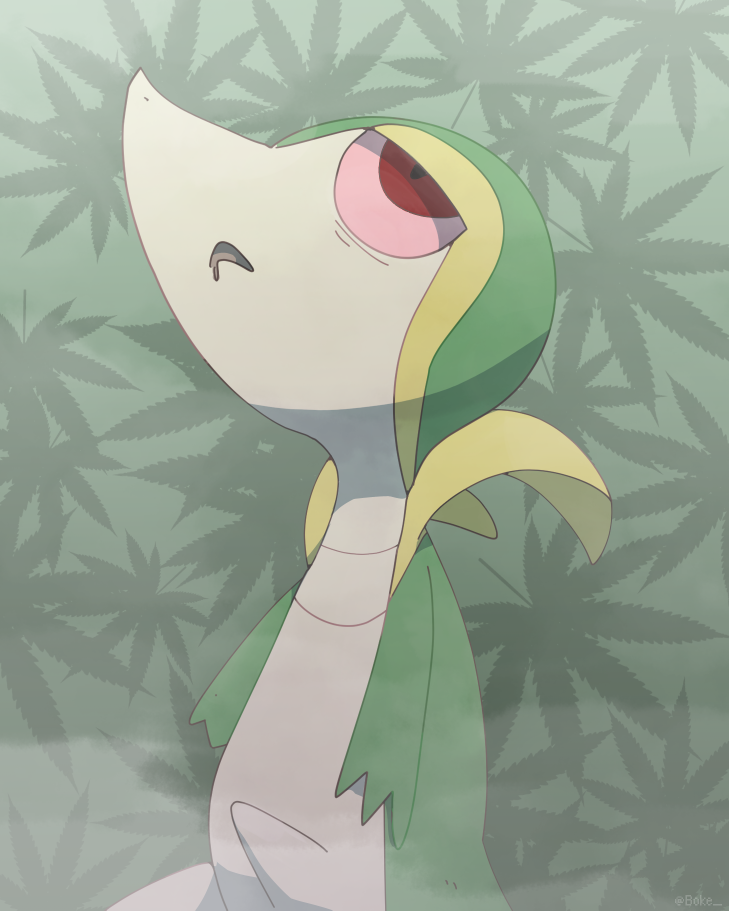 animal_focus bags_under_eyes boke-chan colored_sclera commentary_request drooling drugged drugs english_commentary green_background green_theme half-closed_eyes looking_up marijuana mixed-language_commentary mouth_drool no_humans open_mouth partial_commentary pokemon pokemon_(creature) red_eyes red_sclera rolling_eyes sitting smoke snivy solo