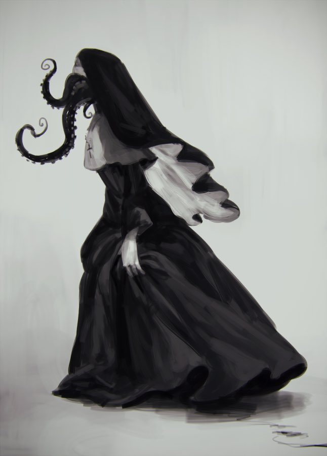 1other black_dress capelet character_request cross cross_necklace dress from_side full_body grey_background jewelry koto_inari limited_palette necklace nun simple_background skirt_hold tentacles walking white_capelet