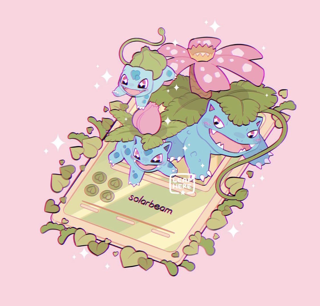 +_+ :d artist_name blush bulbasaur commentary evolutionary_line fangs happy ivysaur leaphere no_humans open_mouth plant pokemon pokemon_(creature) pokemon_card smile sparkle star_(symbol) tongue venusaur vines watermark white_background