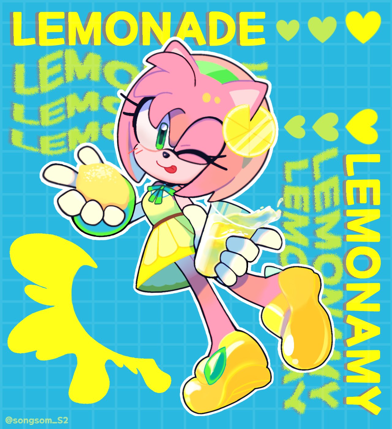 1girl ;p amy_rose animal_nose blush cup dress drink food fruit full_body gloves green_eyes green_hairband hairband highres holding holding_cup holding_food holding_fruit lemon lemonade looking_at_viewer one_eye_closed solo songsom_s2 sonic_(series) tongue tongue_out white_gloves