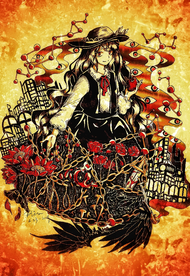 1256310514 1girl ancient apple black_skirt black_vest chain closed_mouth collared_shirt commentary_request dolls_in_pseudo_paradise fedora flower food frilled_hat frilled_sleeves frills fruit gap_(touhou) happy hat hat_feather holding holding_food holding_fruit jacket_girl_(dipp) limited_palette long_hair long_sleeves looking_at_viewer neck_ribbon red_eyes red_flower red_ribbon ribbon shirt skirt smile solo touhou traditional_media very_long_hair vest wavy_hair