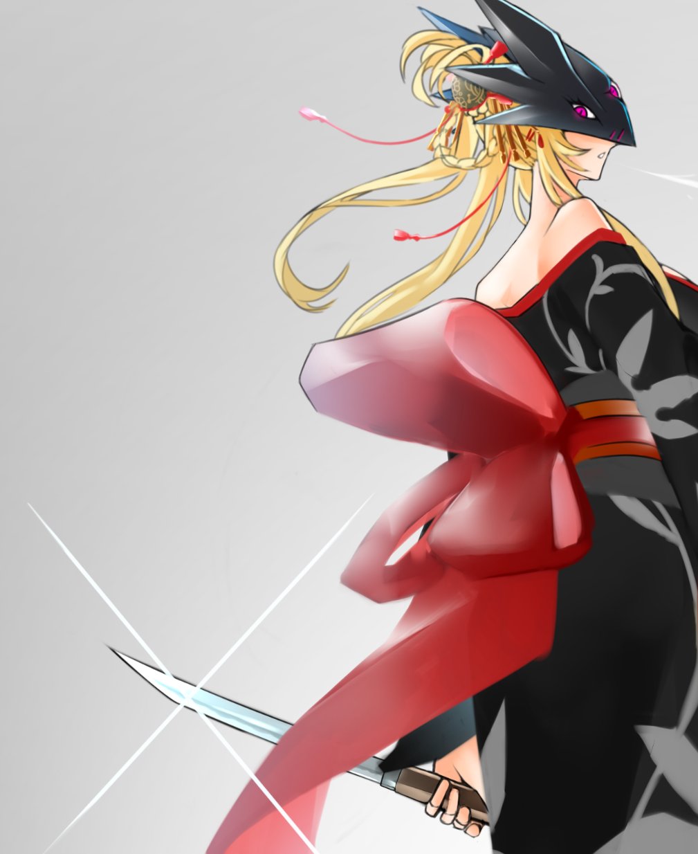 1girl bangs bare_shoulders beelstarmon black_kimono black_mask blonde_hair digimon digimon_(creature) extra_eyes from_side gradient gradient_background grey_background hair_ornament highres holding holding_sword holding_weapon japanese_clothes jiyuuya kimono long_hair long_sleeves looking_at_viewer mask obi off_shoulder parted_lips pink_eyes sash solo sword teeth weapon