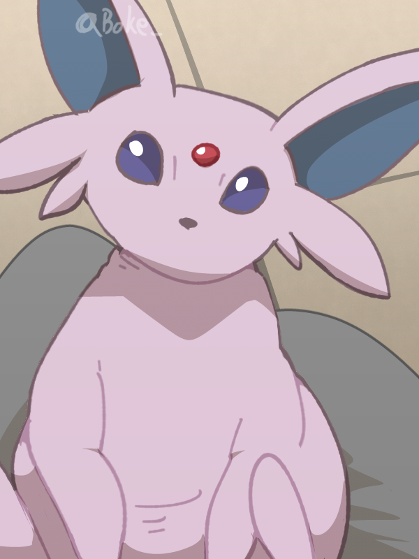 animal_focus artist_name bingus black_eyes boke-chan commentary english_commentary espeon forehead_jewel gem looking_at_viewer pokemon pokemon_(creature) red_gemstone signature sitting sketch solo twitter_username violet_eyes