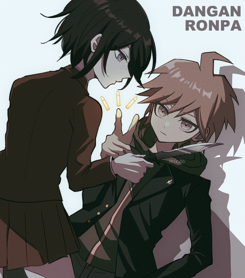 1boy 1girl ahoge artist_name bangs black_hair blazer brown_eyes brown_hair brown_jacket brown_skirt closed_mouth commentary_request copyright_name danganronpa:_trigger_happy_havoc danganronpa_(series) expressionless finger_gun freckles from_behind green_jacket grey_eyes hand_on_hip holding holding_knife holding_weapon hood hood_down ikusaba_mukuro jacket knife long_sleeves mikao_(eanv5385) miniskirt naegi_makoto pleated_skirt profile school_uniform shadow short_hair skirt weapon