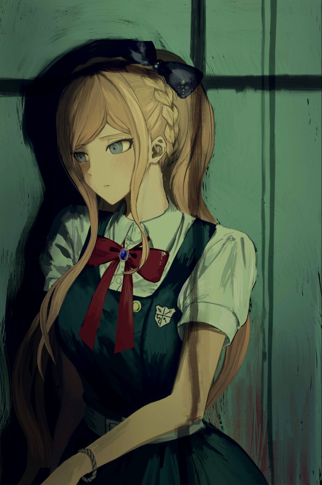 1girl bangs belt black_bow blonde_hair bow bowtie bracelet braid breasts collared_shirt commentary_request danganronpa_(series) danganronpa_2:_goodbye_despair dress dress_shirt green_background green_dress grey_belt grey_eyes grey_shirt hair_bow highres iumi_urura jewelry large_breasts long_hair parted_lips puffy_short_sleeves puffy_sleeves red_bow red_bowtie shirt short_sleeves solo sonia_nevermind