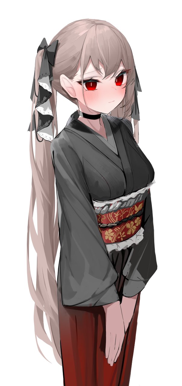 1girl azur_lane black_kimono blush breasts bright_pupils choker closed_mouth cowboy_shot formidable_(azur_lane) from_side grey_hair hair_behind_ear highres japanese_clothes kimono long_hair long_sleeves looking_ahead medium_breasts nephthys2356 obi red_eyes sash sidelocks simple_background smile solo tsurime twintails v_arms very_long_hair white_background