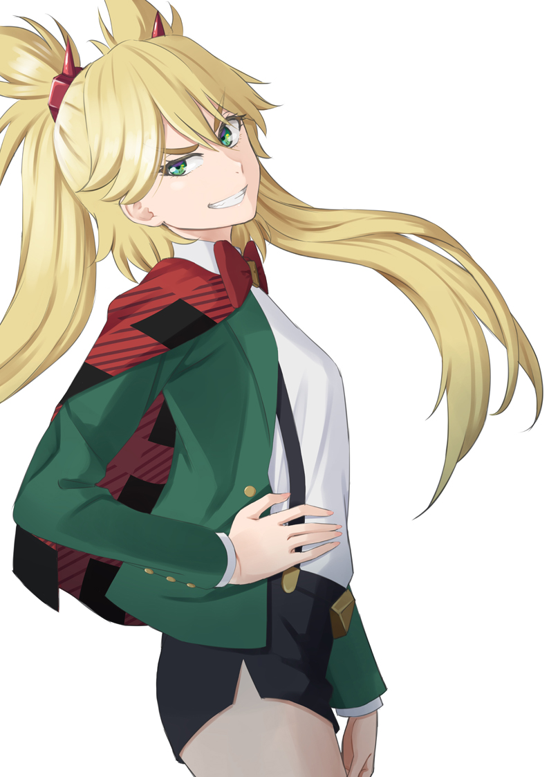 1girl bangs black_shorts blonde_hair burn_the_witch capelet cowboy_shot easy_(aqk7bdqt) floating_hair from_side green_eyes green_jacket grin hair_between_eyes hand_on_hip jacket long_hair long_sleeves looking_at_viewer ninny_spangcole open_clothes open_jacket plaid_capelet red_capelet shirt short_shorts shorts simple_background smile solo standing suspender_shorts suspenders twintails two_side_up v-shaped_eyebrows very_long_hair white_background white_shirt