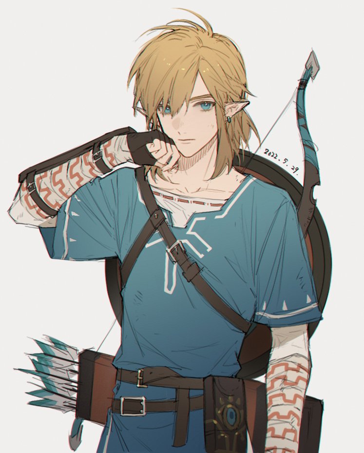 1boy arm_guards arrow_(projectile) belt belt_buckle blonde_hair blue_eyes blue_tunic bow_(weapon) buckle cowboy_shot earrings fingerless_gloves gloves grey_background hair_between_eyes jewelry link long_sleeves looking_at_viewer low_ponytail male_focus medium_hair pointy_ears quiver renjianshilian0 shield shirt shoulder_belt sidelocks solo standing the_legend_of_zelda the_legend_of_zelda:_breath_of_the_wild weapon weapon_on_back white_shirt wiping_face