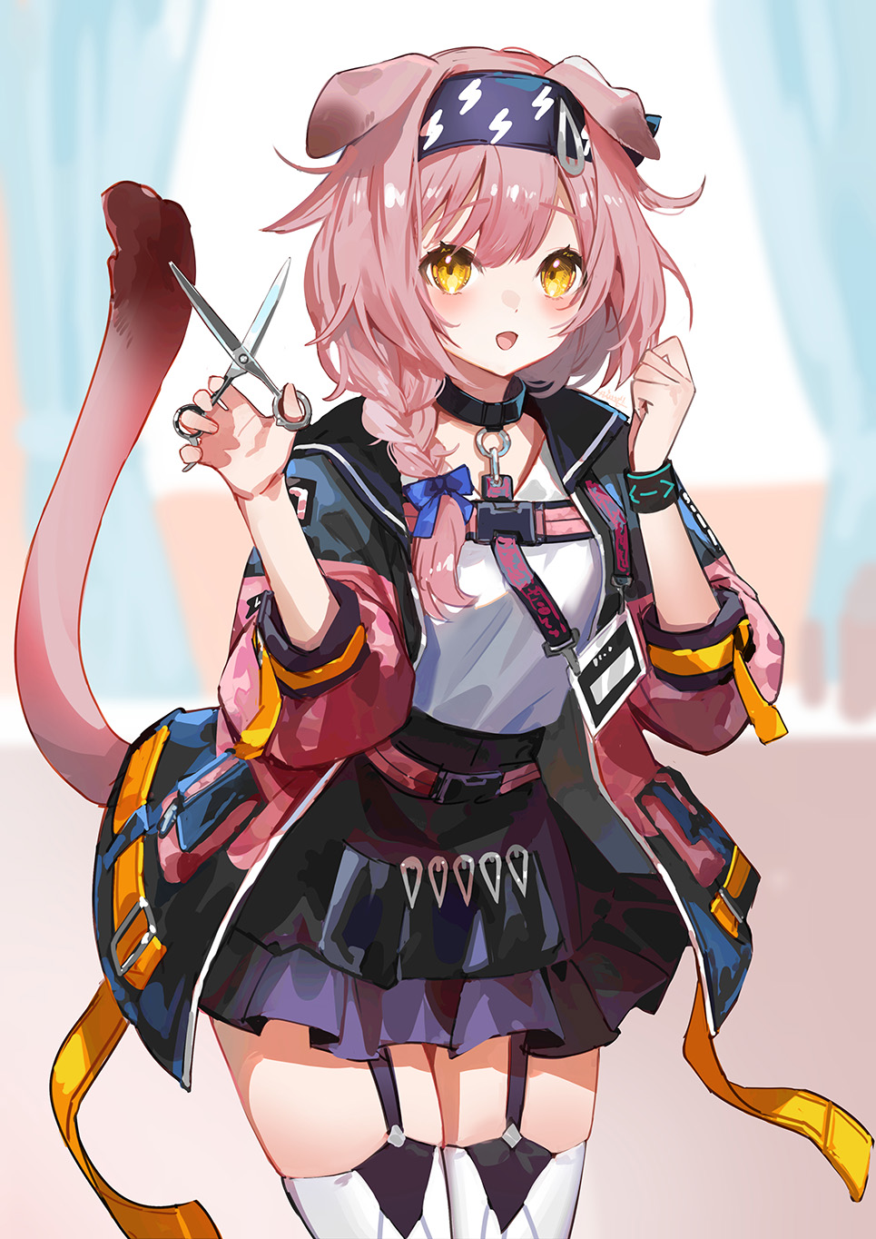 1girl :d animal_ears arknights bangs black_hairband black_jacket black_skirt blue_bow blurry blurry_background bow braid breasts cat_ears cat_girl cat_tail commentary_request curtains day depth_of_field frilled_skirt frills garter_straps goldenglow_(arknights) hair_bow hair_over_shoulder hairband hands_up highres holding holding_scissors jacket lightning_bolt_print long_hair long_sleeves looking_at_viewer nima_(niru54) open_clothes open_jacket pink_hair puffy_long_sleeves puffy_sleeves scissors shirt single_braid skirt small_breasts smile solo sunlight tail tail_raised thigh-highs white_shirt white_thighhighs window yellow_eyes