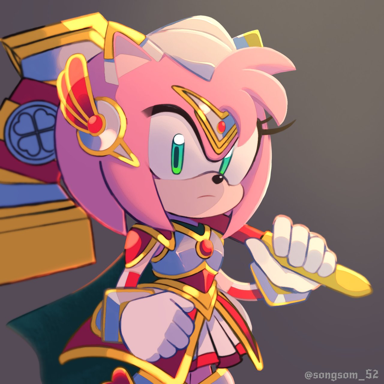 1girl amy_rose animal_nose armor armored_dress closed_mouth gloves green_eyes highres holding holding_weapon looking_at_viewer serious shoulder_armor skirt solo songsom_s2 sonic_(series) twitter_username weapon white_gloves