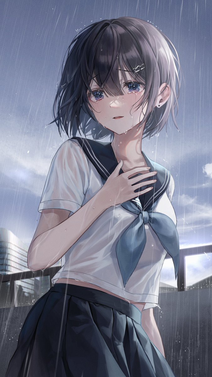 1girl bangs black_hair black_skirt blue_sailor_collar blunt_bangs building clouds collarbone commentary_request crying crying_with_eyes_open dot_nose from_below hair_ornament hairclip hand_on_own_chest highres looking_at_viewer mountainous_horizon myowa original outdoors parted_lips pleated_skirt railing rain sailor_collar school_uniform serafuku short_hair skirt sky solo standing tears violet_eyes wet white_serafuku