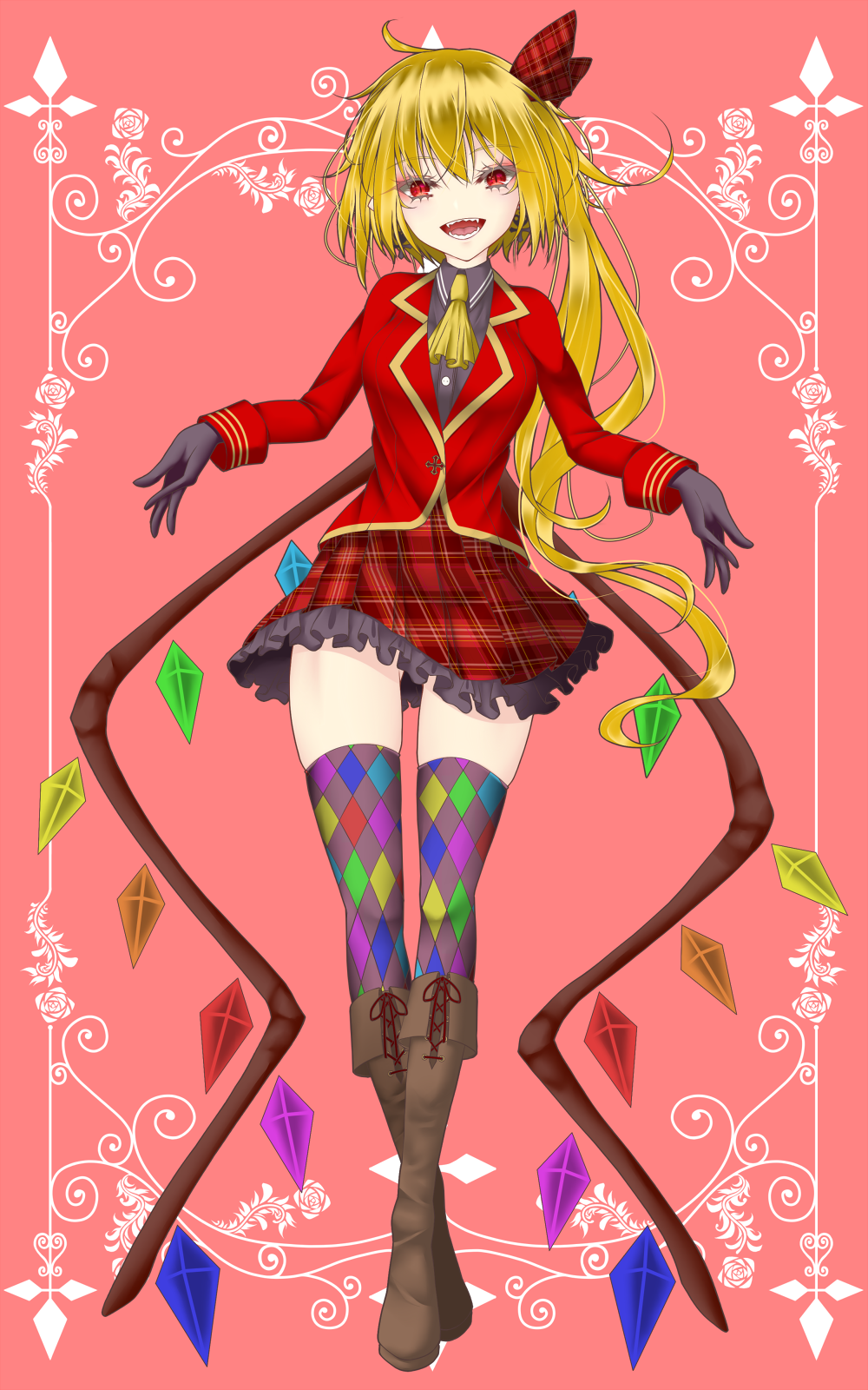 1girl :d alternate_costume ascot bangs black_gloves blonde_hair boots brown_footwear crystal dai_zu_san flandre_day flandre_scarlet frilled_skirt frills full_body gloves highres long_sleeves looking_at_viewer multicolored_clothes multicolored_legwear multicolored_wings one_side_up open_mouth plaid plaid_skirt red_background red_eyes red_skirt sharp_teeth simple_background skirt smile solo teeth touhou wings yellow_ascot