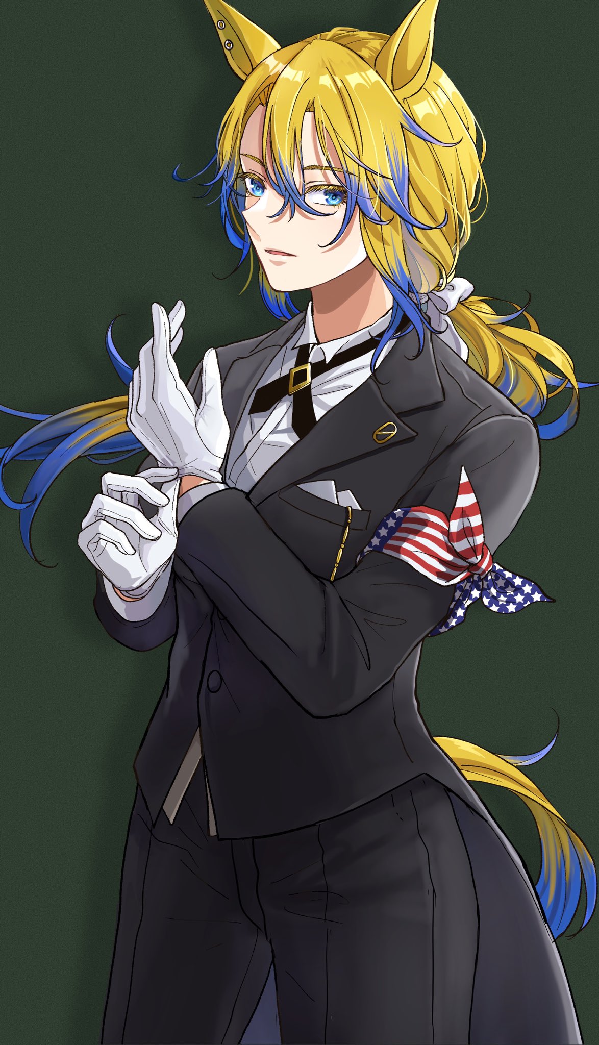 1girl adjusting_clothes adjusting_gloves alternate_costume alternate_hairstyle american_flag american_flag_print animal_ears armband bangs black_jacket black_pants blonde_hair blue_eyes blue_hair breast_pocket buttons colored_tips eyelashes feet_out_of_frame flag_print formal gloves green_background hair_between_eyes hands_up highres horse_ears horse_girl horse_tail jacket long_hair long_sleeves looking_at_viewer low_ponytail multicolored_hair obey_your_master_(umamusume) pant_suit pants parted_lips pocket sashiumito shirt simple_background solo standing suit tail tailcoat two-tone_hair umamusume umamusume:_cinderella_gray white_gloves white_shirt