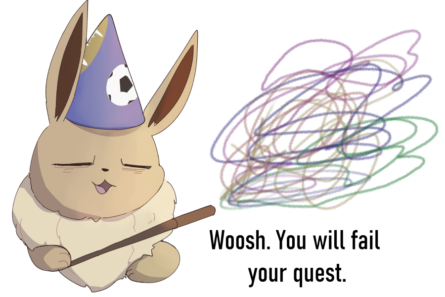 :3 animal_focus bags_under_eyes blue_headwear boke-chan closed_eyes commentary eevee english_commentary fur_collar hat holding holding_wand magic meme no_humans open_mouth party_hat pokemon pokemon_(creature) simple_background solo upper_body wand white_background wizard woosh_(meme) wrinkled_frown_(detective_pikachu)