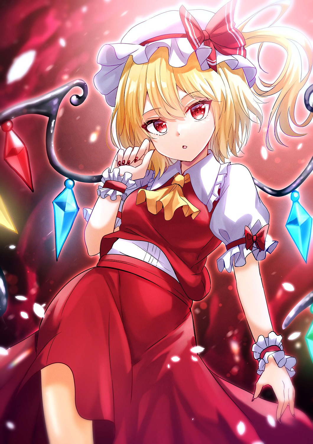 1girl ascot bangs blonde_hair blush bow breasts collared_shirt crystal eyes_visible_through_hair fingernails flandre_scarlet frills gradient gradient_background hair_between_eyes hand_up hat hat_bow highres jewelry light long_fingernails looking_at_viewer medium_breasts mob_cap multicolored_wings nail_polish one_side_up open_mouth petals puffy_short_sleeves puffy_sleeves red_background red_bow red_eyes red_nails red_skirt red_vest renka_(cloudsaikou) shirt short_hair short_sleeves skirt solo standing tongue touhou vest white_background white_headwear white_shirt wings wrist_cuffs yellow_ascot