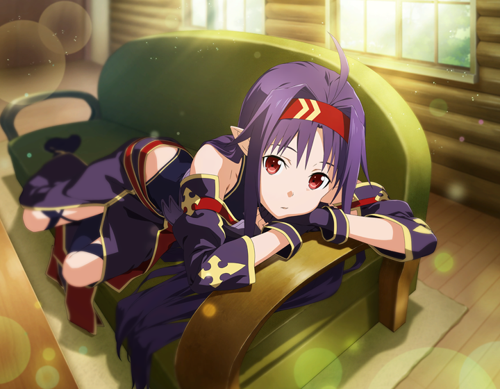 1girl ahoge black_leotard blurry blurry_background couch detached_sleeves front_slit full_body game_cg gloves hair_intakes headband indoors leotard long_hair long_sleeves lying on_side parted_lips pointy_ears purple_gloves purple_hair purple_skirt purple_sleeves red_eyes red_headband shiny shiny_hair skirt solo sword_art_online very_long_hair wooden_floor yuuki_(sao)