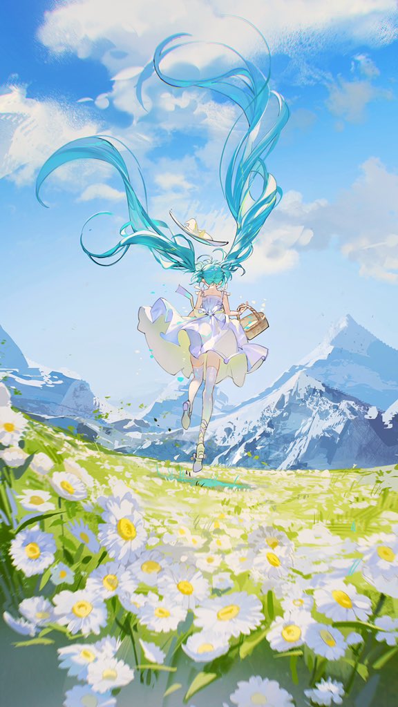 1girl aqua_hair basket blue_sky blurry clouds cloudy_sky daisy day depth_of_field dress floating_hair flower frilled_dress frills from_behind grass hat hatsune_miku holding holding_basket jumping long_hair mountain outdoors platform_footwear rumoon sky solo thigh-highs twintails very_long_hair vocaloid white_dress white_flower white_footwear white_headwear white_thighhighs