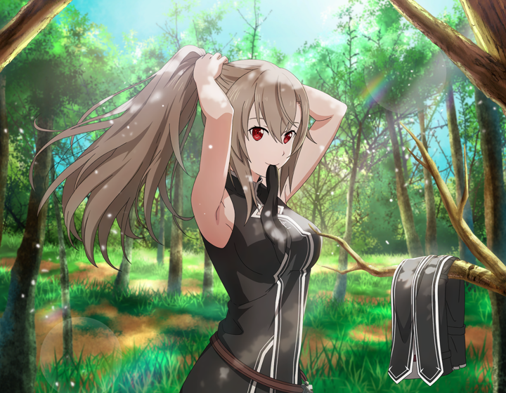 1girl armpits arms_up bangs bare_arms black_jacket breasts brown_hair closed_mouth eydis_(sao) floating_hair forest game_cg hair_between_eyes jacket lens_flare long_hair medium_breasts mouth_hold nature outdoors ponytail rainbow red_eyes sleeveless sleeveless_jacket smile solo standing sword_art_online tying_hair very_long_hair