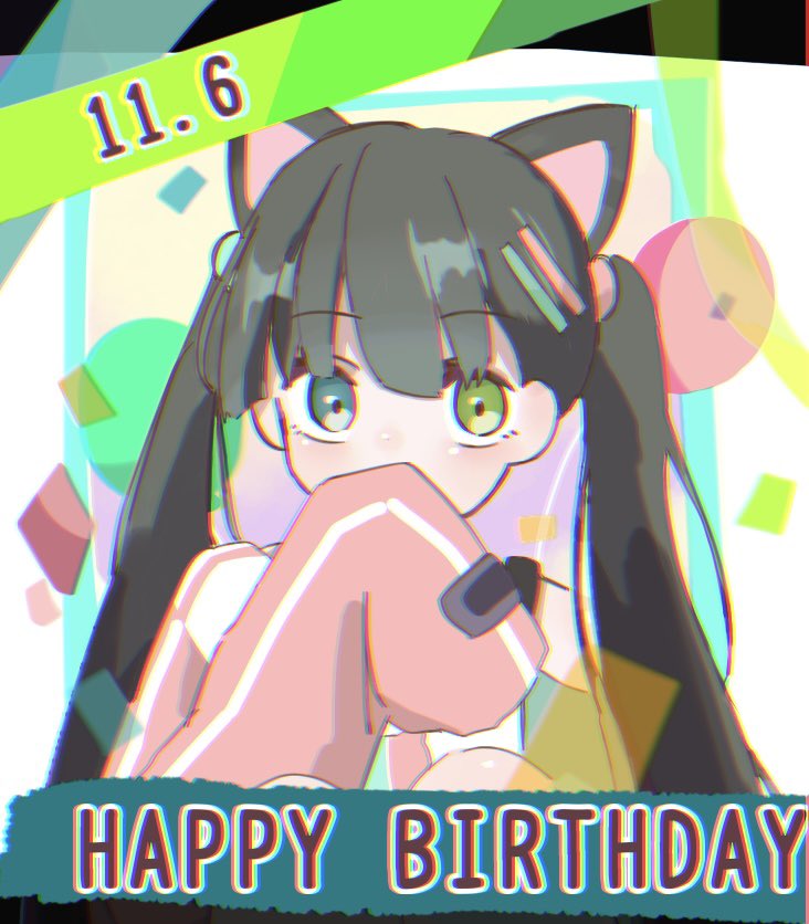 1girl animal_ears bangs_(purrfect_tale) black_hair blue_border blue_eyes border cat_ears cat_girl green_eyes happy_birthday heterochromia long_hair long_sleeves looking_at_viewer multicolored_background nenonome purrfect_tale sleeves_past_fingers sleeves_past_wrists solo twintails white_background
