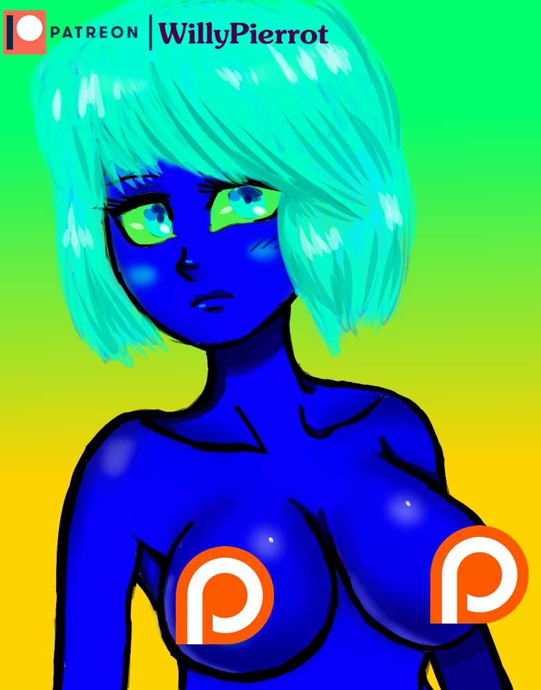1girl alien artist_name artist_request blue_eyes blue_hair blue_skin breasts censored colored_skin patreon short_hair
