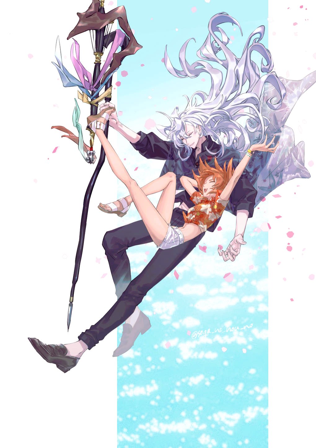 1boy 1girl ^_^ ^o^ ahoge bangs black_footwear black_pants black_shirt bracelet closed_eyes collared_shirt commentary_request earrings fate/grand_order fate_(series) floating floral_print flower fujimaru_ritsuka_(female) fujimaru_ritsuka_(female)_(tropical_summer) full_body hair_between_eyes hair_ornament hair_scrunchie hawaiian_shirt highres holding holding_staff holding_weapon jewelry long_hair long_sleeves merlin_(camelot_&amp;_co)_(fate) merlin_(fate) navel official_alternate_costume one_side_up open_mouth orange_hair orange_shirt pants petals pink_flower print_shirt purple_scarf scarf scrunchie shirt short_shorts short_sleeves shorts side_ponytail smile soga_no_hou_no staff tied_shirt very_long_hair weapon white_hair white_shorts wooden_staff