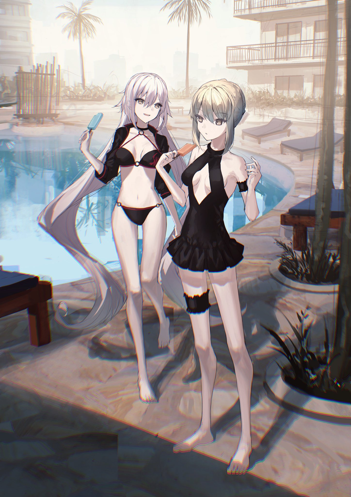 2girls armband artoria_pendragon_(fate) bare_shoulders barefoot bikini blonde_hair building collarbone deck_chair fate/grand_order fate_(series) food frills full_body hair_between_eyes halterneck highres jeanne_d'arc_alter_(fate) jeanne_d'arc_alter_(swimsuit_berserker)_(fate) long_hair multiple_girls navel o-ring o-ring_bikini o-ring_bottom o-ring_panties outdoors pale_skin palm_tree panties parted_lips pool popsicle saber_alter short_hair sidelocks smile standing swimsuit tamitami thigh_gap thigh_strap tree twintails underwear very_long_hair walking white_hair yellow_eyes