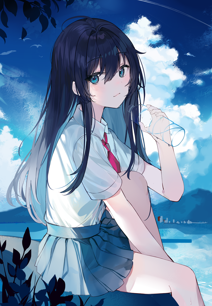 1girl aroa_(aroamoyasi) bangs bird black_hair blue_eyes bottle closed_mouth clouds cloudy_sky collared_shirt commentary english_commentary highres knee_to_chest long_hair looking_at_viewer necktie original outdoors pleated_skirt red_necktie school_uniform shirt short_sleeves sitting skirt sky solo uniform white_shirt